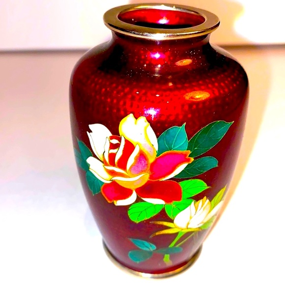 Japanese Ginbari Cloisonné Ando Sato Pigeon Blood Rose Vase - Picture 2 of 6